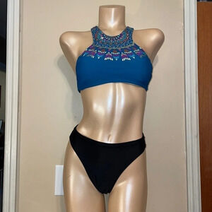 Xhilaration women’s bikini top  D DD swim teal gold Moroccan high neck tie back